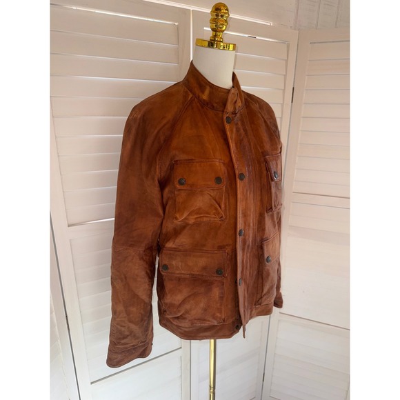 Lucky Brand Leather Utility Jacket Womens Cognac Brown Distressed Field S - Picture 3 of 9